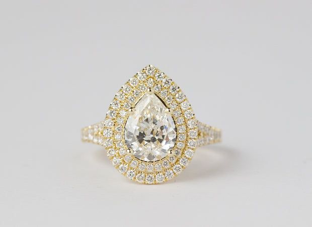 Double Halo Pear Shaped Diamond Engagement Ring | 14K Yellow Gold