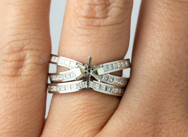 Princess Cut Diamond Criss Cross Ring Setting With Matching Band | Platinum