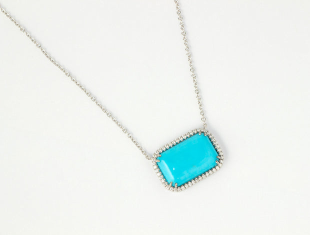 Rectangle Turquoise with Halo Diamond Pendant Necklace | 18K White Gold