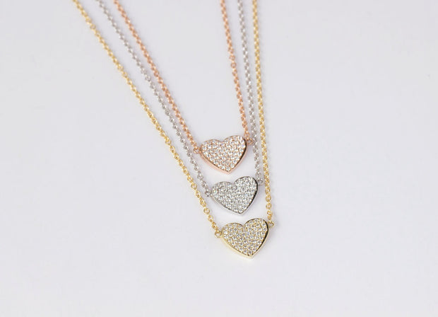 Flat Pave Diamond Heart Necklace | 18K White Gold