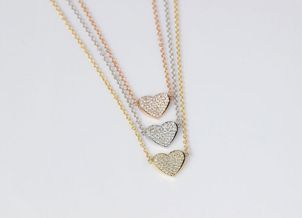 Flat Heart Pave Diamond Necklace | 18K Rose Gold