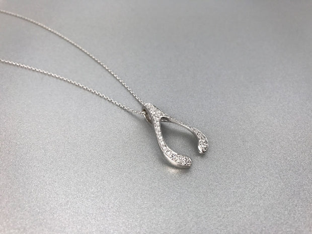 10k White Gold Wishbone Pendant – Polished Good Luck Charm, Modern Jewelry Gift, Made In USA
