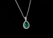 Pear Shape Emerald with A Halo of Diamonds Pendant Necklace