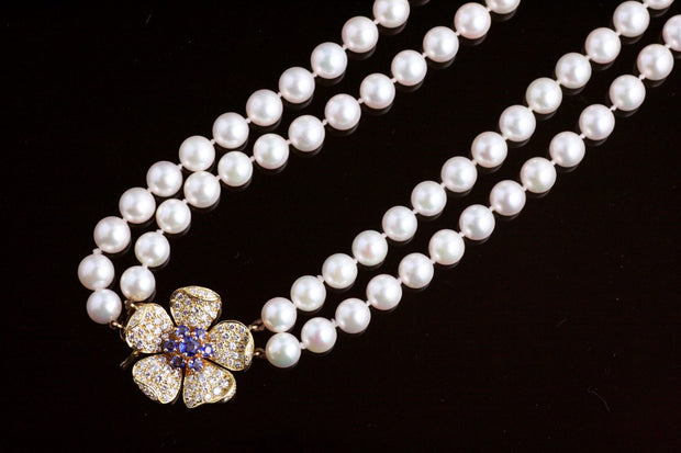 Two Strand Pearl Necklace with Diamond and Sapphire Clasp | 18K Yellow Gold