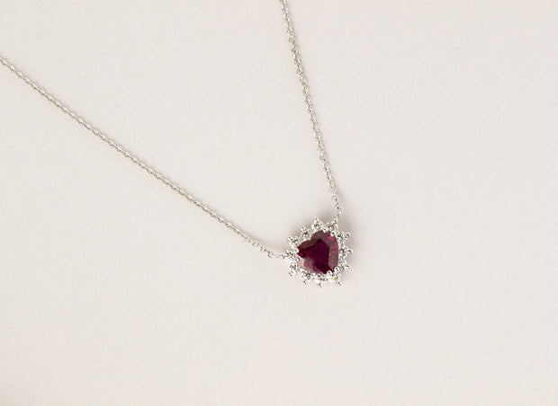Heart Shaped Ruby and Diamond Pendant Necklace | 18K White Gold