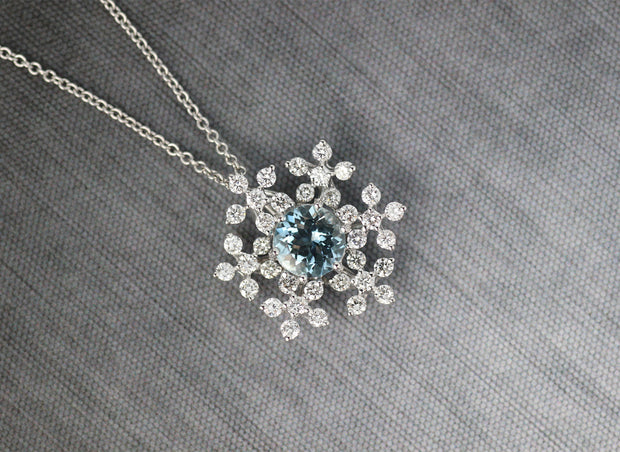 Snowflake Aquamarine and Diamond Pendant Necklace | 18K White Gold