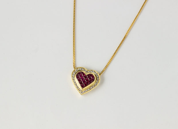 Heart Ruby and Diamond Pendant Necklace | 18K Yellow Gold