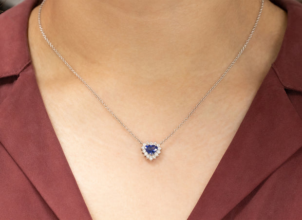 Heart Shaped Sapphire and Halo Diamond Pendant Necklace | 18K White Gold