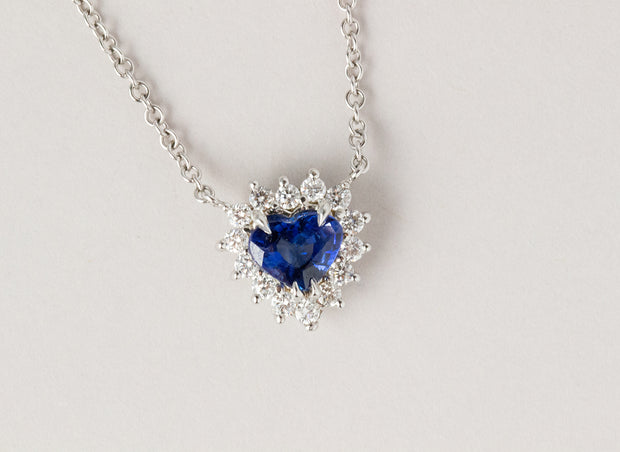 Heart Shaped Sapphire and Halo Diamond Pendant Necklace | 18K White Gold