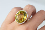 Oval Lemon Topaz with Micro Halo Diamond Ring | 18K Yellow Gold