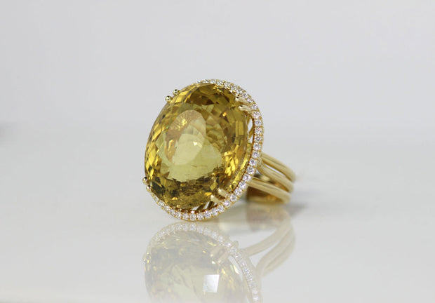 Oval Lemon Topaz with Micro Halo Diamond Ring | 18K Yellow Gold