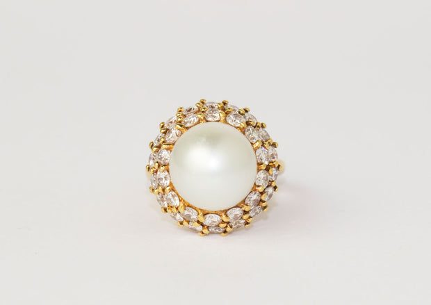 Pearl and Diamond Dome Ring | 18K Yellow Gold