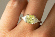 Cushion Fancy Yellow Diamond Ring | Trillion Side Diamonds Platinum