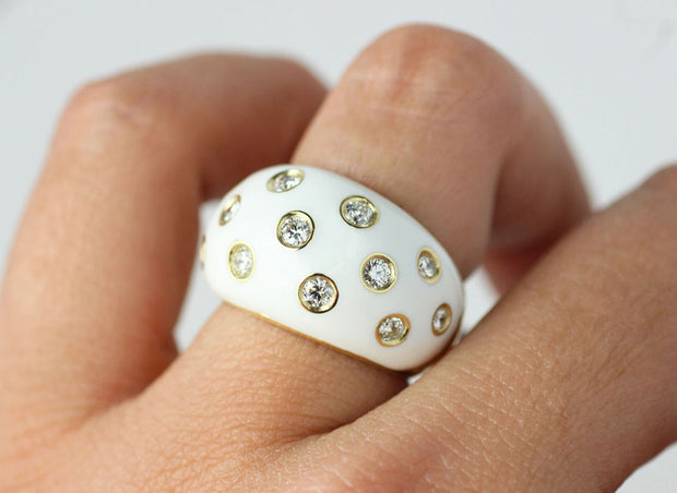 White Enamel and Diamond Speckled Ring | 18K Yellow Gold