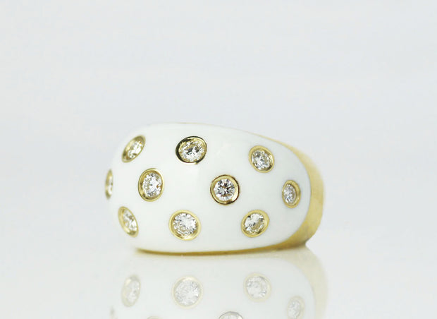 White Enamel and Diamond Speckled Ring | 18K Yellow Gold