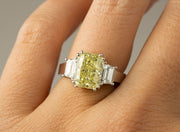Radiant Fancy Yellow Diamond Ring |  Trapezoid Cut Diamonds Platinum