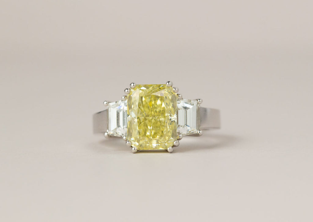Radiant Fancy Yellow Diamond Ring | Trapezoid Cut Diamonds