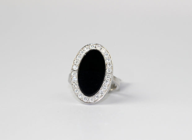 Oval Onyx and Diamond Ring | 14K White Gold