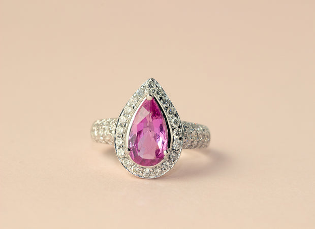 Pear Shape Pink Sapphire and Diamond Ring | 18k White Gold