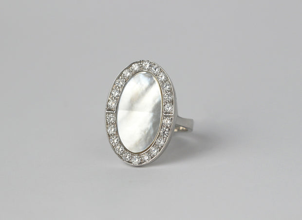 Oval Shaped Mother of Pearl and Diamond Ring |  14K White Gold