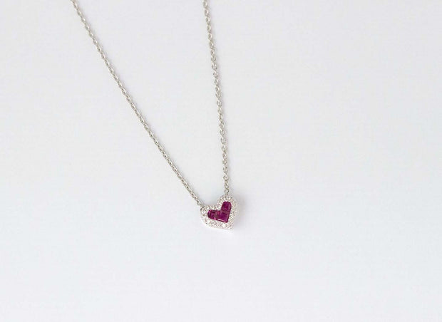 Ruby and Diamond Heart Pendant Necklace | 18K White Gold