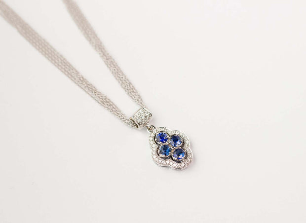 Vintage Style Four Stone Pendant Necklace | 18K White Gold Sapphires