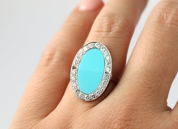 Oval Turquoise and Diamond Ring | 14K White Gold